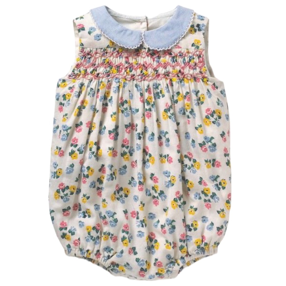 Baby Boden Floral Smocked Bubble Romper in White, Blue, Yellow, Pink